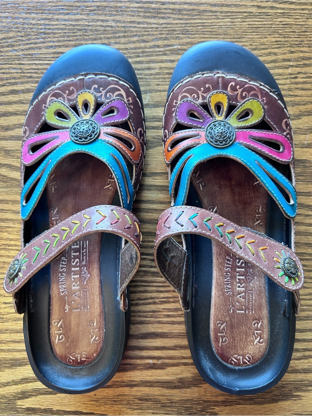 L'artiste Copa Brown Leather Floral Cutout Mules Teal Pink Orange Yellow Size 42
